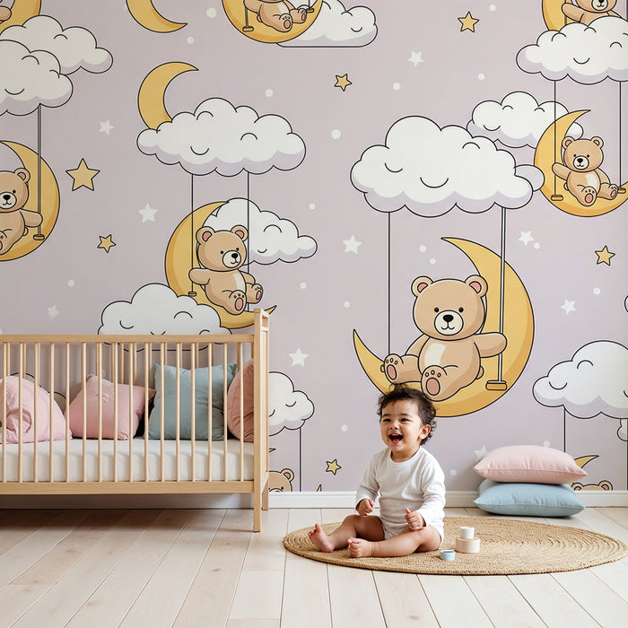 Baba szobai tapéta | Mókás mackók lágy felhők és holdak között