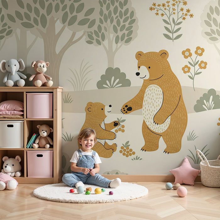 Papel pintado para habitación de bebé | Ositos tiernos en un bosque tranquilo