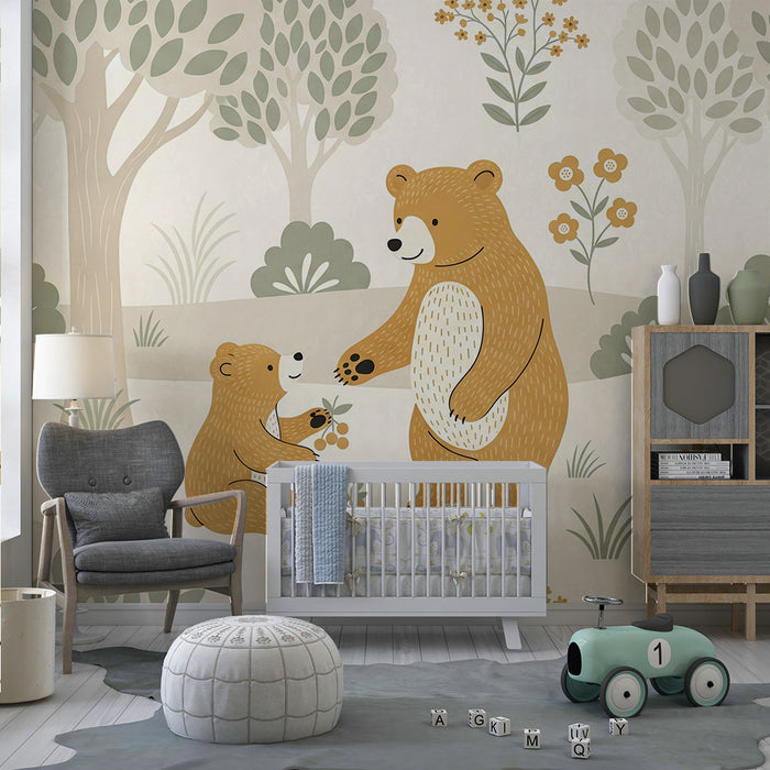 Papel pintado para habitación de bebé | Ositos tiernos en un bosque tranquilo