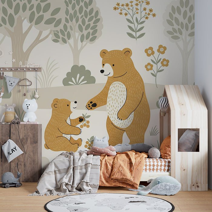 Papel pintado para habitación de bebé | Ositos tiernos en un bosque tranquilo