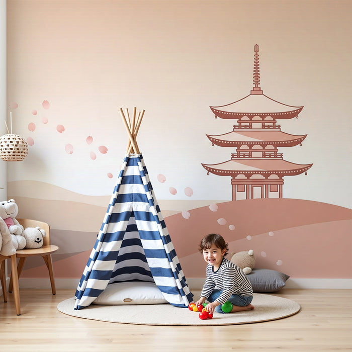 Papel de parede quarto bebê | Pagoda delicată și petale de cireș pe fundal pastel