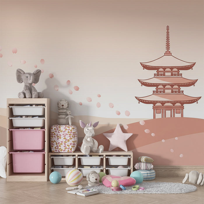 Papel de parede quarto bebê | Pagoda delicată și petale de cireș pe fundal pastel