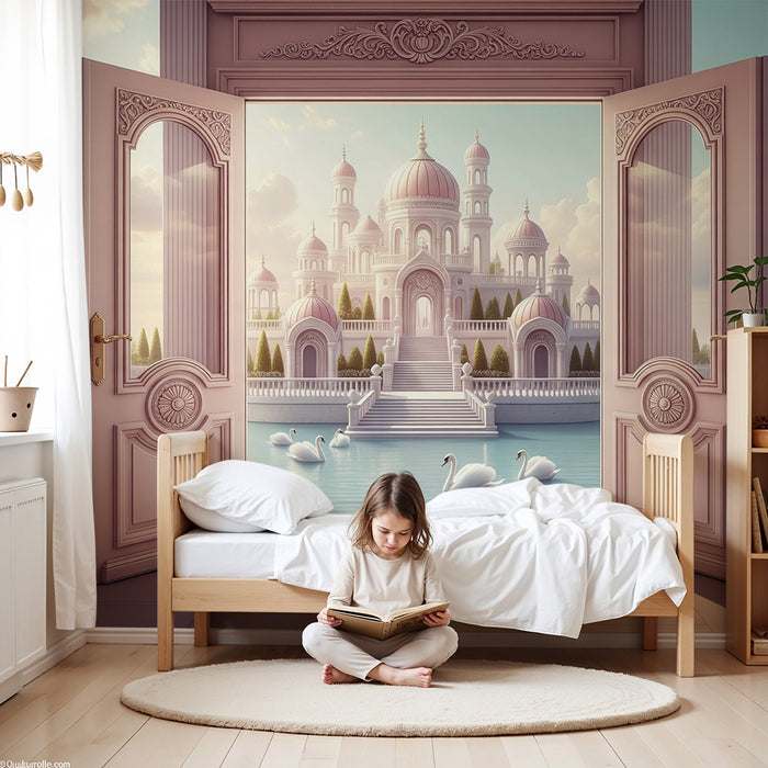 Papier peint chambre bébé | Palais féerique avec cygnes et vue sur l'eau