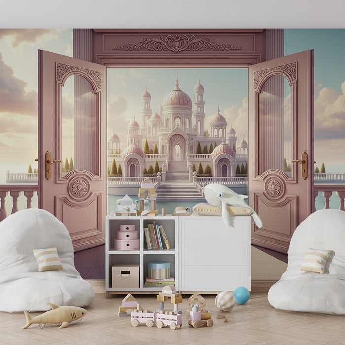 Papier peint chambre bébé | Palais féerique avec cygnes et vue sur l'eau