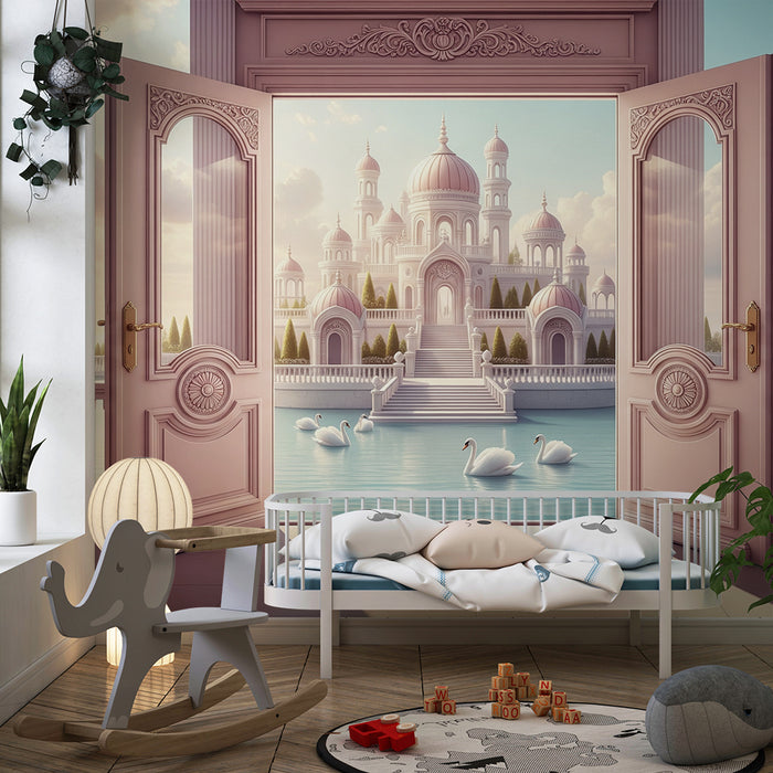 Papier peint chambre bébé | Palais féerique avec cygnes et vue sur l'eau