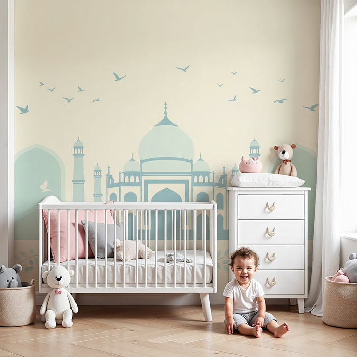 Papier peint chambre bébé | Palais majestueux et oiseaux en vol dans des tons doux