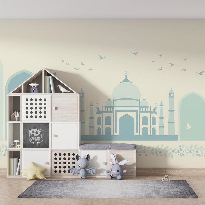 Papier peint chambre bébé | Palais majestueux et oiseaux en vol dans des tons doux