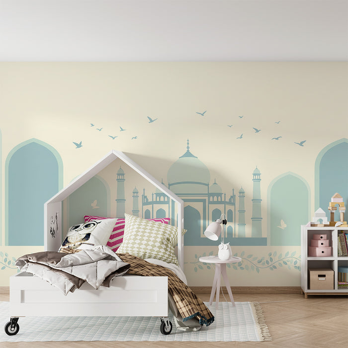 Papier peint chambre bébé | Palais majestueux et oiseaux en vol dans des tons doux