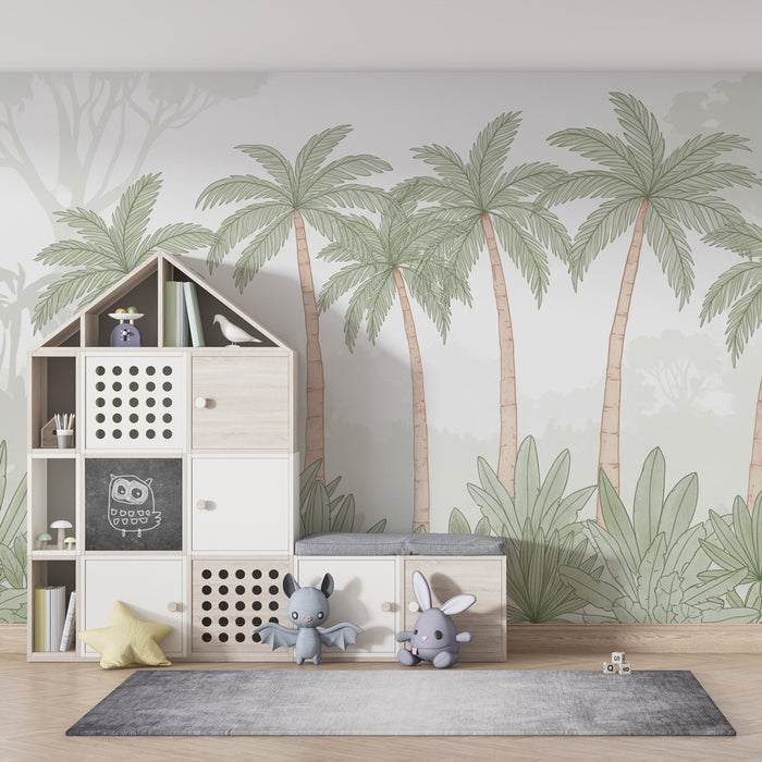 Papel pintado infantil | Palmeras elegantes y vegetación suave