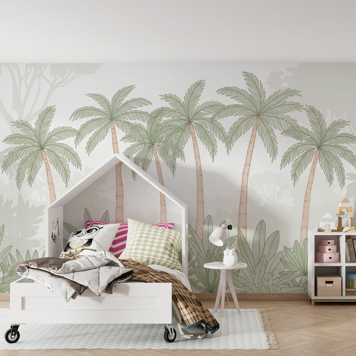 Papel pintado infantil | Palmeras elegantes y vegetación suave