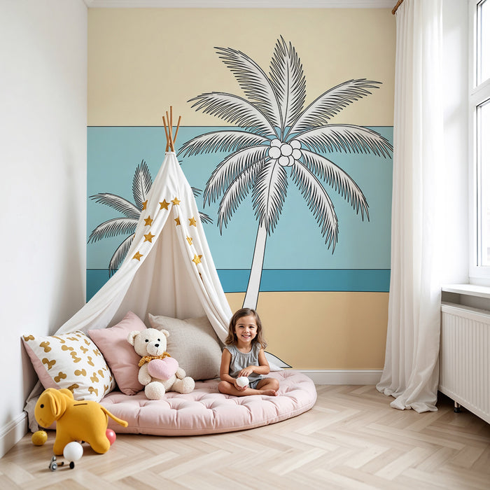Papel pintado para habitación infantil | Palmeras sobre fondo de playa y mar tranquilo