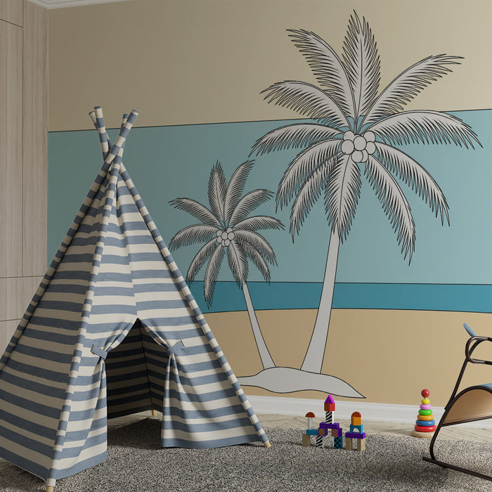 Papel pintado para habitación infantil | Palmeras sobre fondo de playa y mar tranquilo