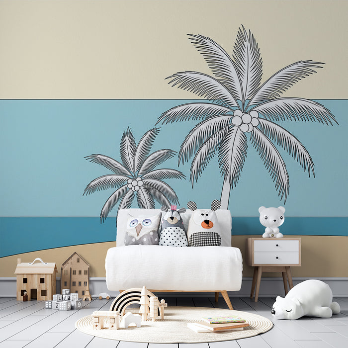 Papel pintado para habitación infantil | Palmeras sobre fondo de playa y mar tranquilo