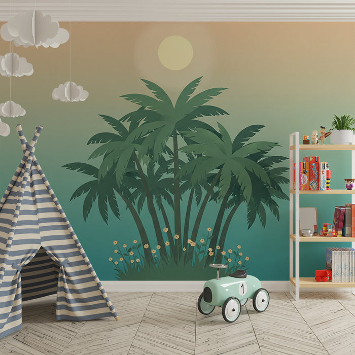 Babyzimmer Tapete | Tropische Palmen unter einem Pastellhimmel