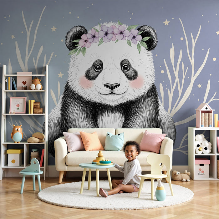 Barntapet | Bedårande panda med blomsterkrans