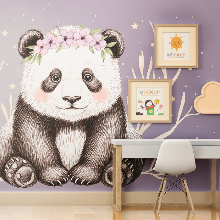 Barntapet | Bedårande panda med blomsterkrans
