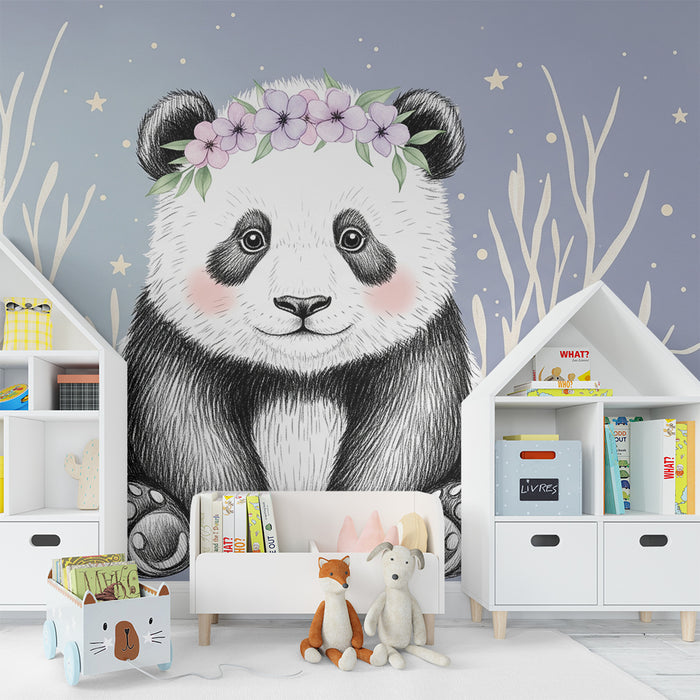 Barntapet | Bedårande panda med blomsterkrans
