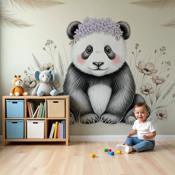 Lastenhuoneen tapetti | Söpö pandakarhu kukilla