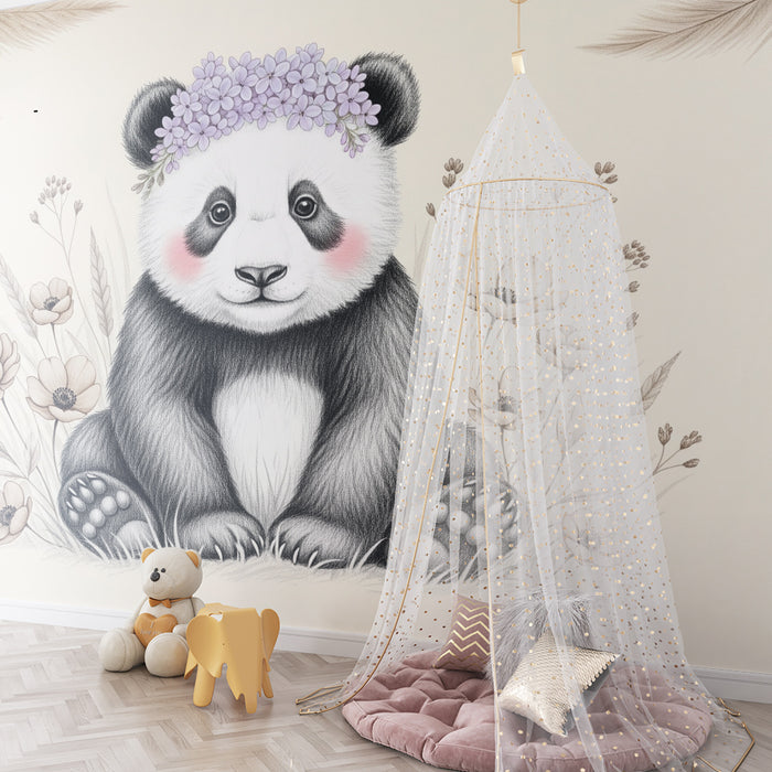 Lastenhuoneen tapetti | Söpö pandakarhu kukilla