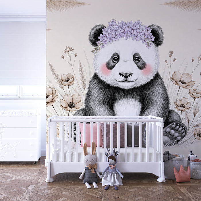 Lastenhuoneen tapetti | Söpö pandakarhu kukilla
