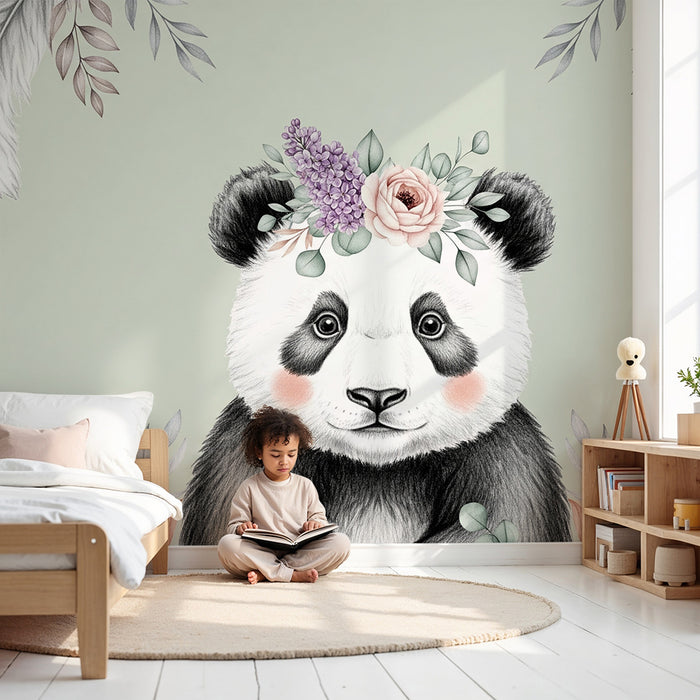 Lastenhuoneen tapetti | Söpö panda kukilla