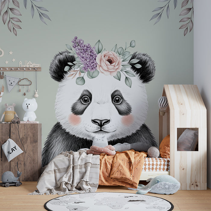 Lastenhuoneen tapetti | Söpö panda kukilla