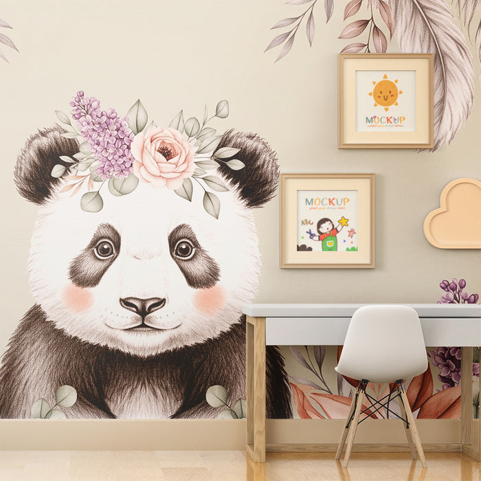 Lastenhuoneen tapetti | Söpö panda kukilla