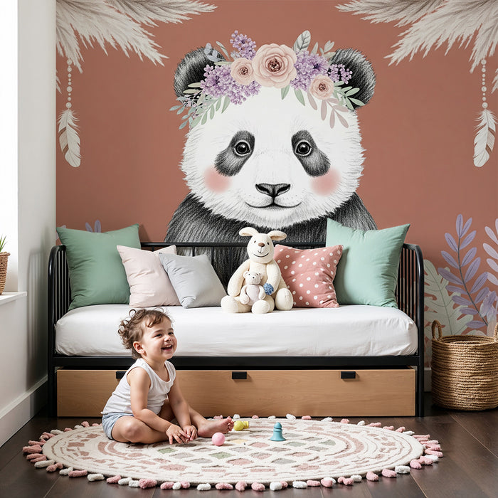 Babyzimmer Tapete | Niedlicher Panda mit Blumen und Blättern