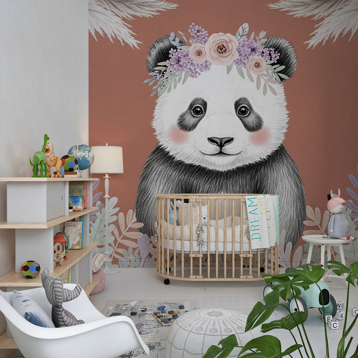 Babyzimmer Tapete | Niedlicher Panda mit Blumen und Blättern