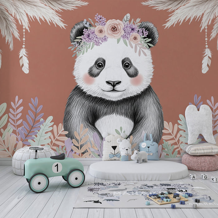 Babyzimmer Tapete | Niedlicher Panda mit Blumen und Blättern
