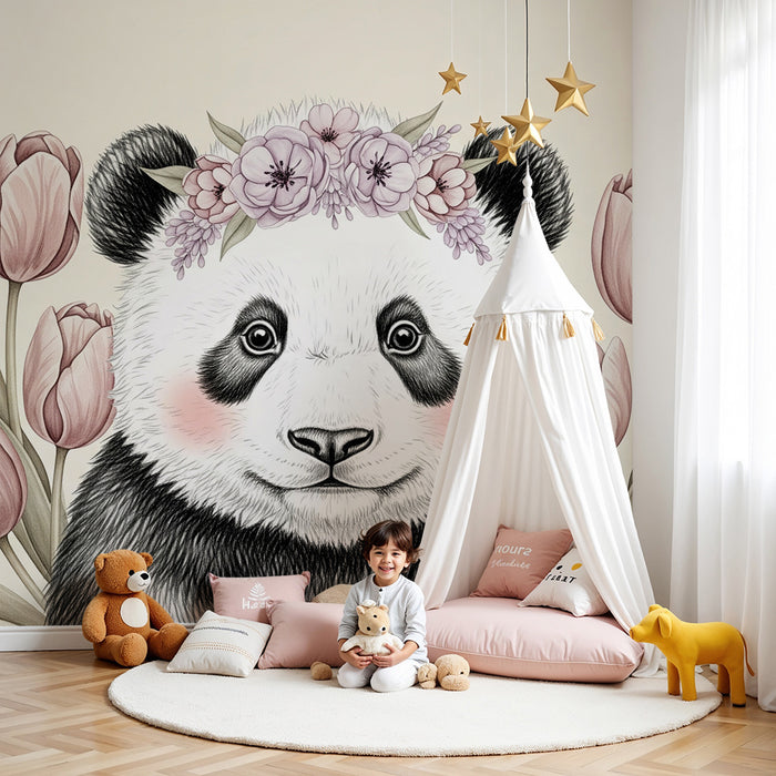 Papier peint chambre bébé | Panda adorable avec fleurs et tulipes