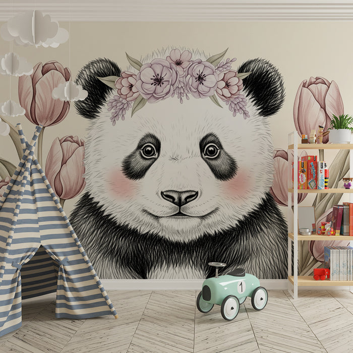 Papier peint chambre bébé | Panda adorable avec fleurs et tulipes