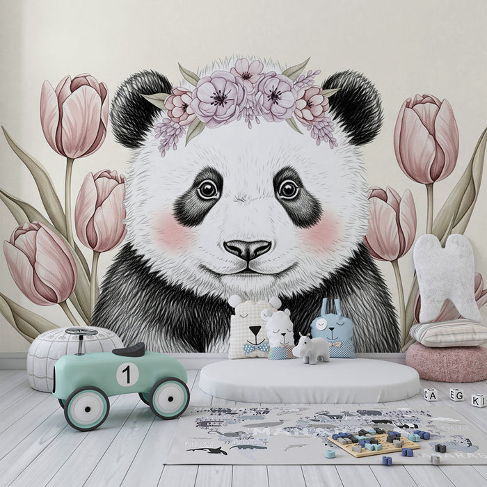 Papier peint chambre bébé | Panda adorable avec fleurs et tulipes