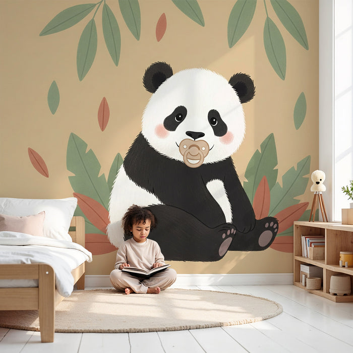 Papier peint chambre bébé | Panda adorable avec tétine et feuillage