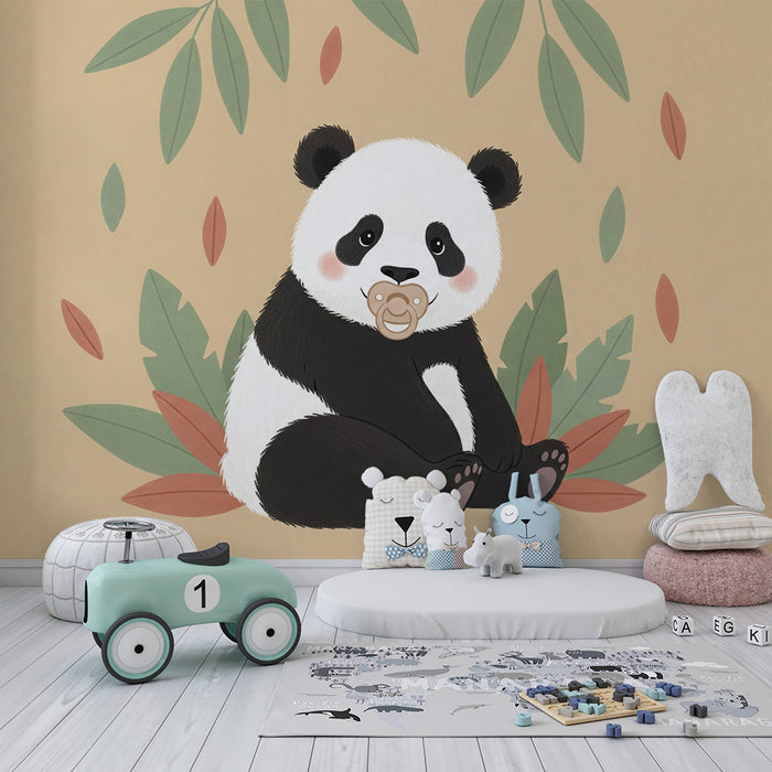 Papier peint chambre bébé | Panda adorable avec tétine et feuillage
