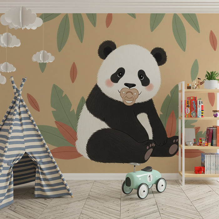 Papier peint chambre bébé | Panda adorable avec tétine et feuillage
