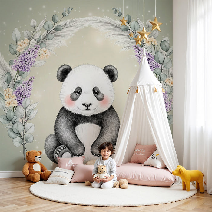 Barntapet | Bedårande panda och delikata blommor