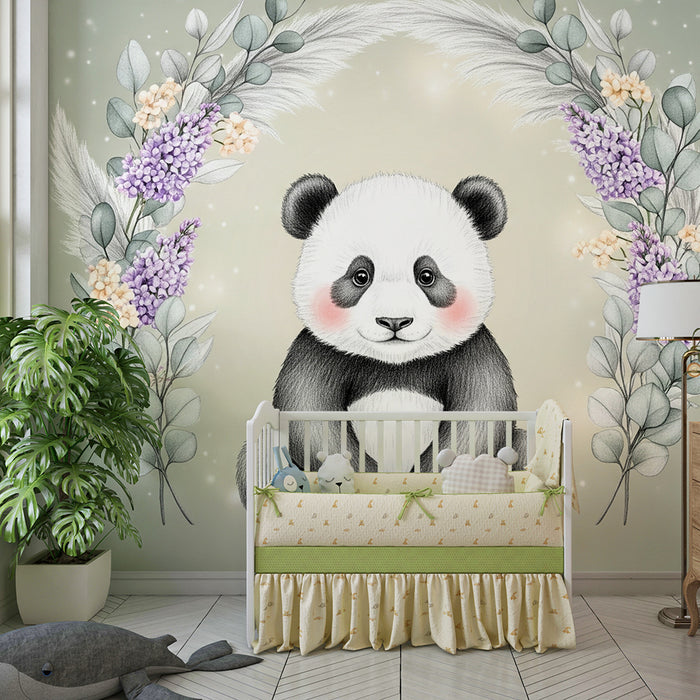 Barntapet | Bedårande panda och delikata blommor