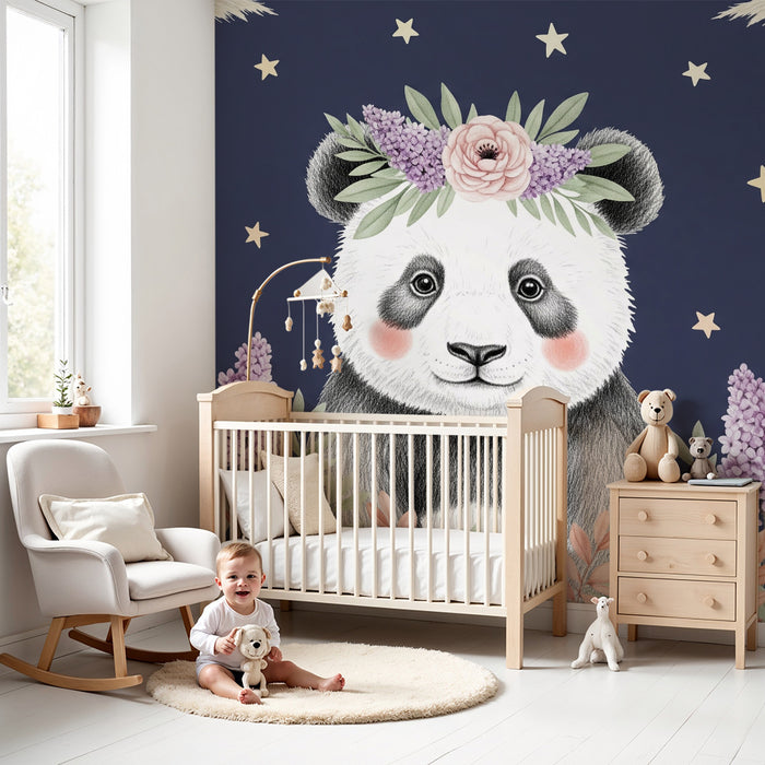 Lastenhuoneen tapetti | Söpö pandakarhu tähtitaivaan alla