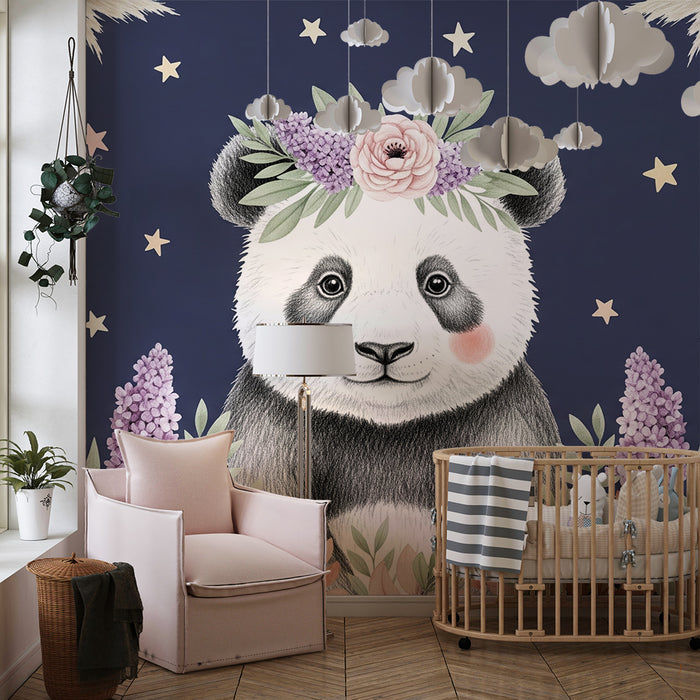 Lastenhuoneen tapetti | Söpö pandakarhu tähtitaivaan alla