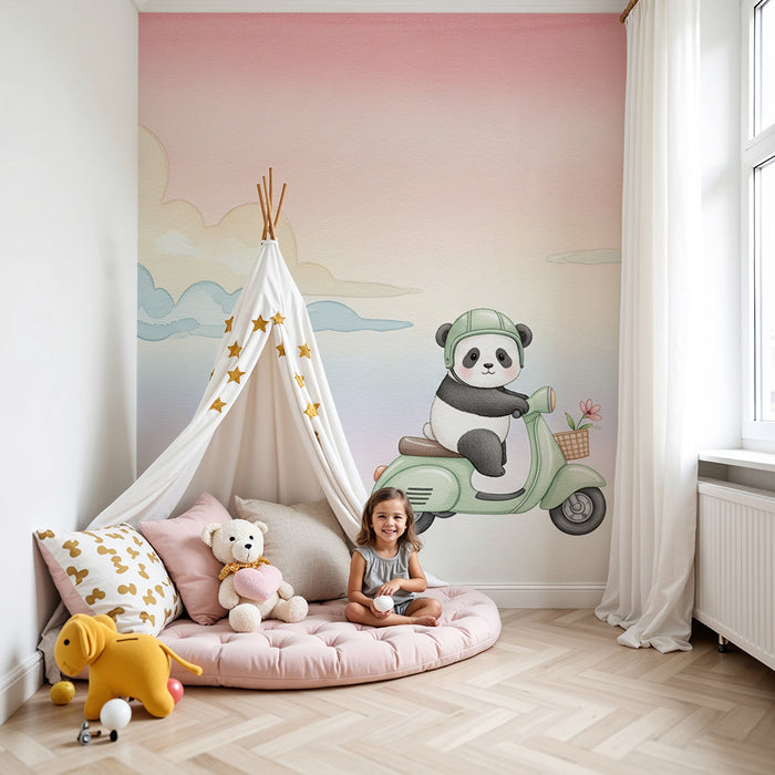 Papier peint chambre bébé | Panda aventurier sur scooter