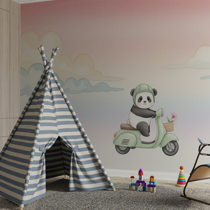 Papier peint chambre bébé | Panda aventurier sur scooter