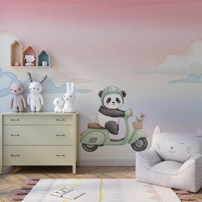 Papier peint chambre bébé | Panda aventurier sur scooter