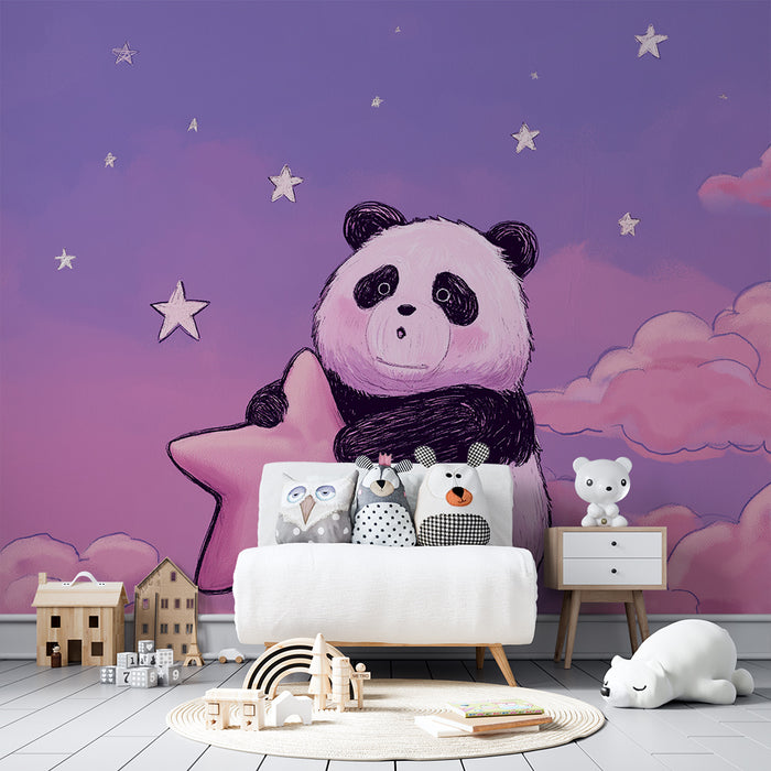 Babykamer behang | Knuffelende panda met ster in een sterrenhemel