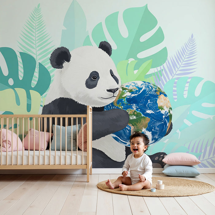 Babyzimmer Tapete | Kuschelnder Panda mit dem Planeten umgeben von tropischem Laubwerk