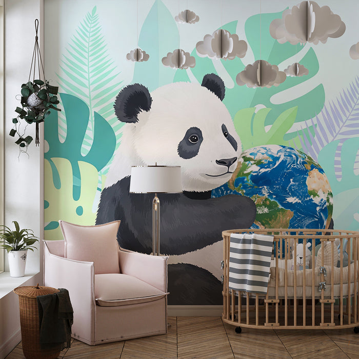 Babyzimmer Tapete | Kuschelnder Panda mit dem Planeten umgeben von tropischem Laubwerk