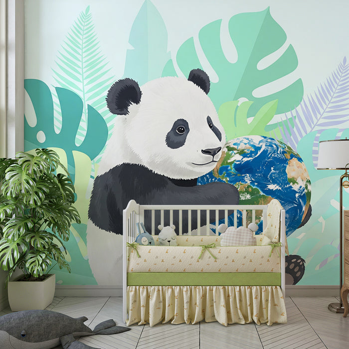 Babyzimmer Tapete | Kuschelnder Panda mit dem Planeten umgeben von tropischem Laubwerk