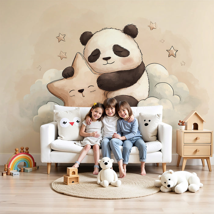 Babyzimmer Tapete | Kuschelnder Panda und lächelnder Stern in einer wolkenverhangenen Himmel