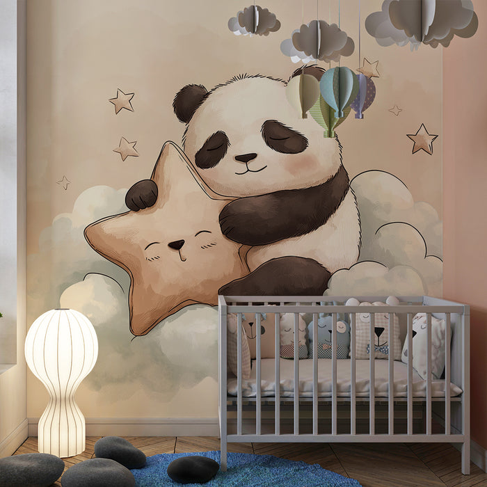 Babyzimmer Tapete | Kuschelnder Panda und lächelnder Stern in einer wolkenverhangenen Himmel
