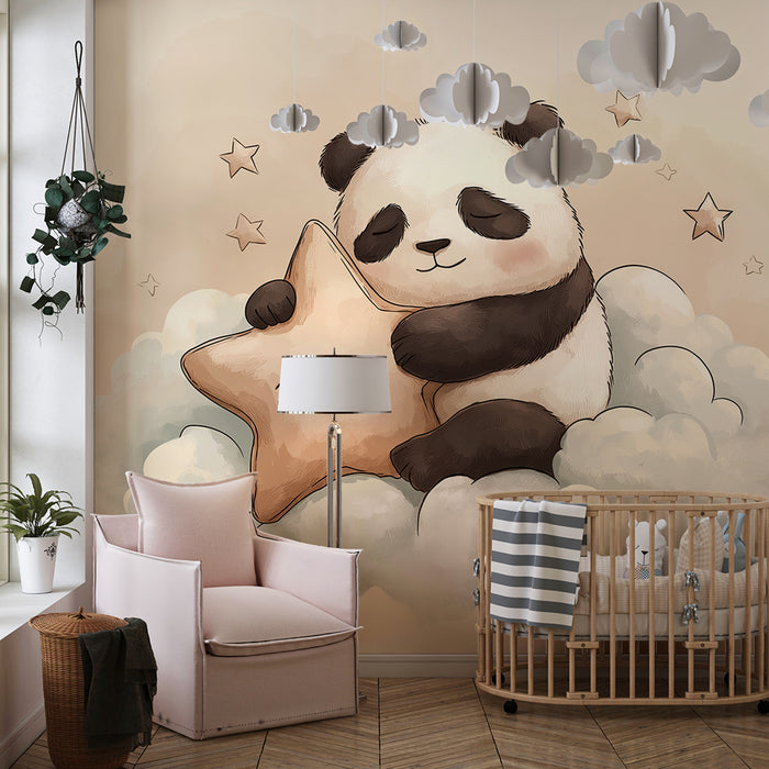 Babyzimmer Tapete | Kuschelnder Panda und lächelnder Stern in einer wolkenverhangenen Himmel